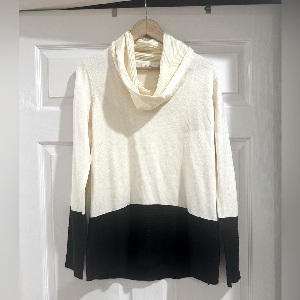 CALVIN KLEIN Knit Cowl Neck Sweater color block ribbed black white loose Sz L‌‌‌